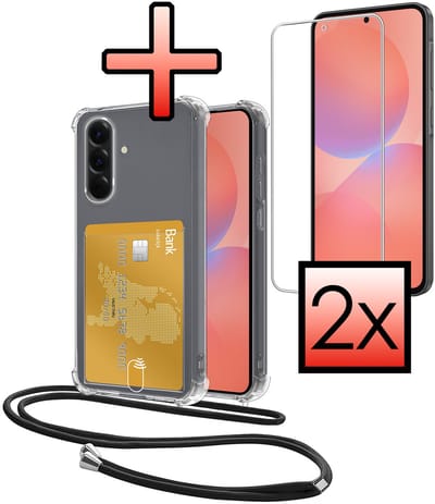 Hoes Geschikt voor Samsung Galaxy A36 Hoesje Pasjeshouder Cover Met Koord Shock Proof Case Siliconen Hoes Met Telefoonkoord en Kaarthouder Met 2x Screenprotector - Transparant