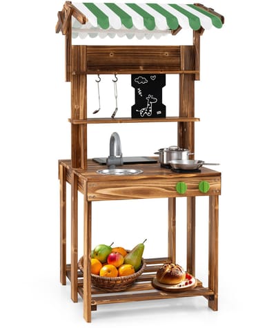 COSTWAY Modderkeuken voor kinderen, dubbelzijdige kinderkeuken met dak, schoolbord, gootsteen en kraan, outdoorkeuken, speelkeuken, hout, voor jongens en meisjes vanaf 3 jaar