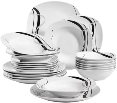 Prestige Montario Salade Kom - 24 delig - 6 personen- Wit/Zwarte Strepen - Dinerborden - Bordenset - Diepe borden - Ontbijtborden - Servies - Keukenservies - Luxe design - Tafelstijl
