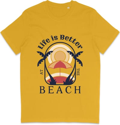 T Shirt Heren Dames - Zomer Ontwerp: Life Is Better At The Beach - Geel - XS