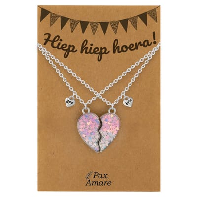 BFF Ketting voor 2 'Hiep Hiep Hoera' - Magnetisch Hartje - Vriendschapsketting op Cadeau Kaartje - 45cm + 5cm verstelbaar - Zilverkleurig - Verjaardags Hanger - Pax Amare