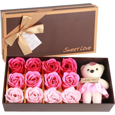 12 Roos Bloemen Zeep Bloemen Pluche Beer Valentijnsdag Romantisch Cadeau Met Doos (Roze)