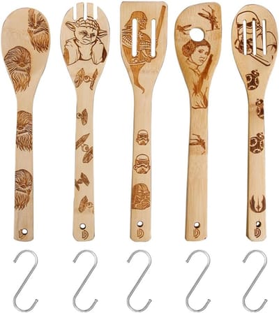 Famanu – 5 Stks Houten Lepels Voor Koken Bamboe Keukengerei Set Met S Vorm Rvs Haak Lepel Nonstick Kookgerei Turners Gesneden Spatels Set Keuken Gereedschap Gadgets