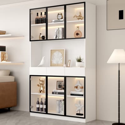 Vitrinekast - 200 cm Hoog - Glazen Kast met Ledverlichting - Boekenkast met Glas - Hout - Wit