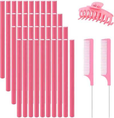 Flexibele Krulspelden Set voor Gezond Haar - 40 Stuks met Kammen en Haarclip voor Kort en Lang Haar - Roze