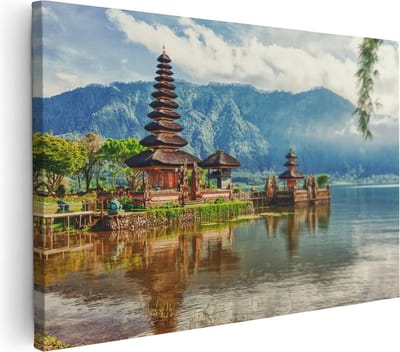 Artaza Canvas Schilderij Ulun Danu Bratan - 30x20 cm - Klein - Muurdecoratie Bali - Wanddecoratie Bergen - Kamer Accessoires