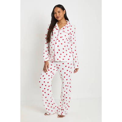 boohoo Dames Lange Pyjama Set Met Hartjesprint In Mousseline Met Shirt Met Lange Mouwen En Broek | White | Maat: 6