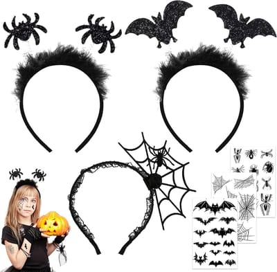 Spookachtige haarband met spinnen, oorbellen, kettingen, ringen en tijdelijke tatoeages voor Halloween en carnaval accessoires
