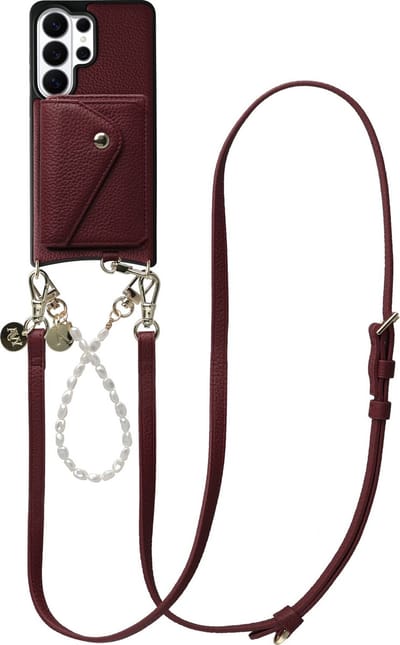 AVY Leren Hoesje geschikt voor Samsung Galaxy S26 Ultra | Met Koord en Magnetische Kaarthouder | Compatibel met MagSafe | Leather Case met 30CM & 130CM Koord & Wallet | Leather and Pearls | Burgundy