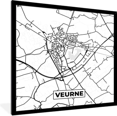 Fotolijst incl. Poster Zwart Wit- Zwart Wit – België – Plattegrond – Stadskaart – Kaart – Veurne - 40x40 cm - Posterlijst