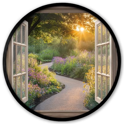 Poster in lijst Rond - Fotolijst 40x40 cm - Posters - Doorkijk - Bloemen - Natuur - Zon - Pad - Ronde posterlijst zwart - Decoratie - Wanddecoratie woonkamer - Muurdecoratie slaapkamer