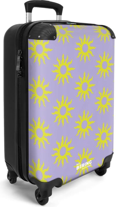 NoBoringSuitcases.com® - Handbagage koffer lichtgewicht - Vakantie reistrolley - Paars met gele zonnen - Reiskoffer trolley - Rolkoffer op wieltjes - Valies carryon koffertje - Past binnen 55x40x20 en 55x35x25