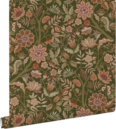 ESTAhome behang vintage bloemen donkergroen en terracotta bruin - 53 cm x 10.05 m - 131334