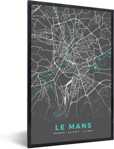 Fotolijst incl. Poster - Le Mans - Plattegrond - Kaart - Stadskaart - Frankrijk - 40x60 cm - Posterlijst