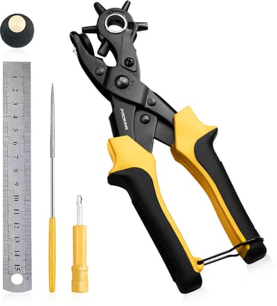 PROKING Gaatjes tang - Gatentang - Gaatjestang - Voor riem - Leder - Schoenen - Perforatietang - Revolvertang - Ponstang - Inclusief priem - Lineal - Gatenmaker