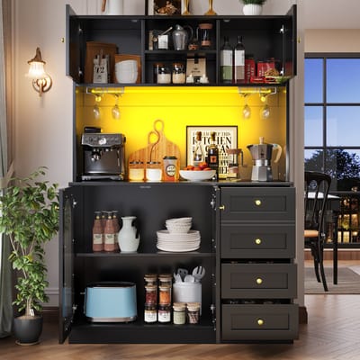 Buffetkast - opbergkast - keukenkast - dressoir - 120x40x188cm - landelijke stijl - 4 deuren - met LED-verlichting en drankrekken - zwart