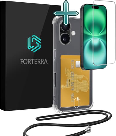 Hoesje Geschikt voor iPhone 16 Pashouder Case Siliconen Hoes Met Koord Met Screenprotector - Hoes Geschikt voor iPhone 16 Met Telefoonkoord Hoesje Back Cover Met Pasjeshouder - Transparant