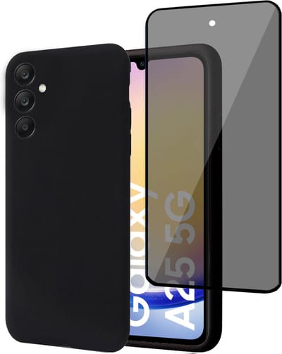 Geschikt voor Samsung Galaxy A25 - Hoesje + Privacy Screenprotector – Privé Gehard Glas Cover - Suède Case Zwart