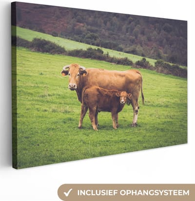 Canvas Schilderij Koeien - Hoorn - Groen - 30x20 cm - Wanddecoratie