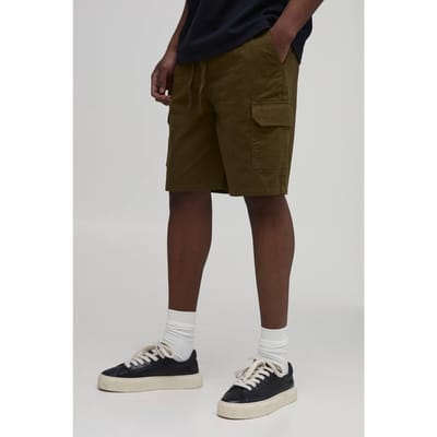 Tall Essential Relaxed Fit Elasticated Mid Length Twill Cargo Shorts | Khaki | Size Small
