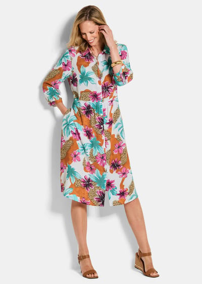 Jurk met overhemdkraag en luipaard- en bloemenprint - meerkleurig / gedess. - Gr. 21 van Goldner Fashion