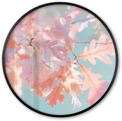 Poster in lijst Rond - Fotolijst 60x60 cm - Posters - Eikenbladeren - Takken - Roze - Ronde posterlijst zwart - Decoratie - Wanddecoratie woonkamer - Muurdecoratie slaapkamer