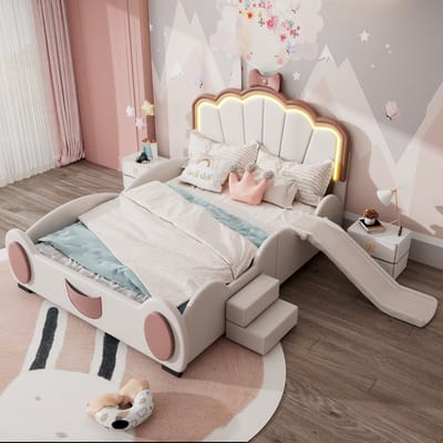 DESMIU Kinderbed 140x200cm – Schommelend Vlinderbed Met Kleurveranderend Licht – Bed Met Glijbaan En Trap – Kinderkamer – PU En MDF – Roze Wit – Zonder Matras