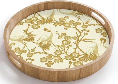 Dienblad rond 40x40 cm - Schootdienblad hout - Kraanvogels - Kersenbloesem - Goud - Borrelplank rechthoek - Plateau houten dienbladen