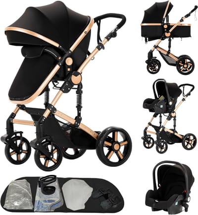 3-in-1 Kinderwagen Set met Dubbele Duw-Modus & Omkeerbare Zit, Inclusief Wieg voor Pasgeborenen