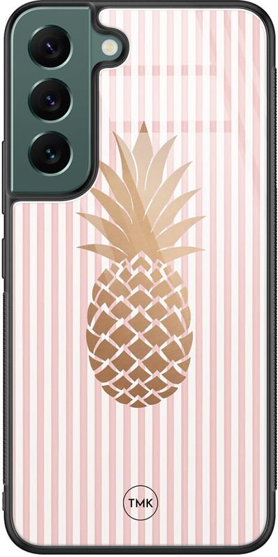 Hoesje geschikt voor Samsung Galaxy S22 - Ananas roze - Roze - TPU luxe case (glossy toplaag) - Gestreept - Hardcase backcover zwart