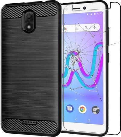 ebestStar - Hoes geschikt voor Wiko Jerry 3, TPU Bescherming Cover, Koolstof Design Hoesje, Zwart + Gehard Glas