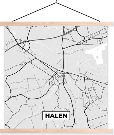 Posterhanger incl. Poster 40x40 cm - Schoolplaat - Plattegrond – Halen – Zwart Wit – Stadskaart - Kaart - Textielposter - Blanke latten - Stadskaart