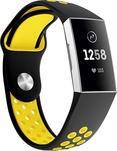 By Qubix - Compatible Fitbit bandje - geschikt voor Fitbit Charge 3 - Fitbit Charge 4 siliconen DOT bandje - Geel / Zwart - Maat: Large - Horlogeband - smartwatchbandje