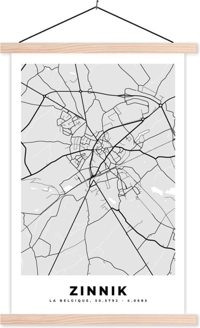 Posterhanger incl. Poster 40x60 cm - Schoolplaat - Stadskaart – Zwart Wit - Kaart – Zinnik – België – Plattegrond - Textielposter - Blanke latten - Stadskaart