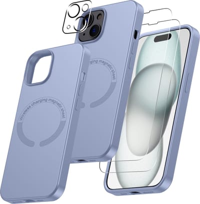 Hoesje Geschikt voor iPhone 15 Plus Magsafe hoes incl 2x gehard glazen screenprotector & 1x cameraLens protector – Licht Blauw
