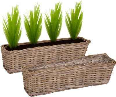 Mega Collections Planten/bloemen mand Levi - 2x - rotan - rechthoekig - naturel - 60 x 15 x 17 cm - plantenpot voor buiten