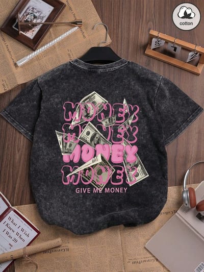 Trendy Vintage Donkergrijs acid wash Washed Katoenen T-shirt met Opvallende Money Print en Korte Mouwen voor Stijlvolle Casual Looks - L-XL