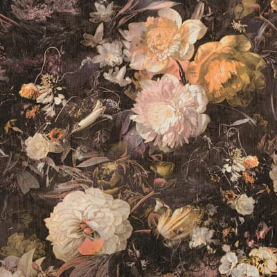 Bloemen behang Profhome 388212-GU vliesbehang hardvinyl warmdruk in reliëf licht gestructureerd met bloemmotief glanzend bruin geel oranje olijfgroen 5,33 m2