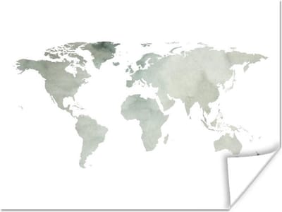 Poster - Wereldkaart - Groen - Wit - 40x30 cm