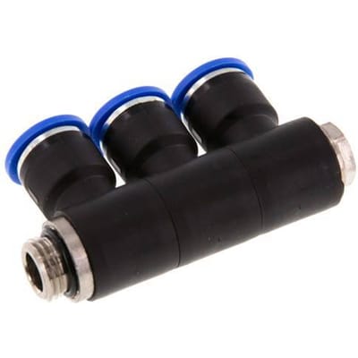 10mm x G1/4'' 3-way Manifold Messing/PA 66 Insteekfitting Buitendraad Draaibaar NBR