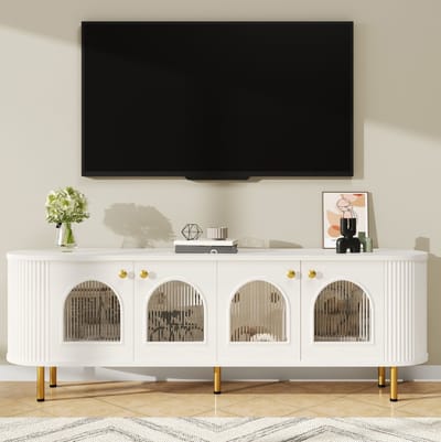 MEUNIQ TV-kast lowboard 170 x 35 x 55 cm met 4 glazen deuren, kabeldoorvoer, afgeronde hoeken en golfstructuur, dressoir voor woonkamer, wit en goud