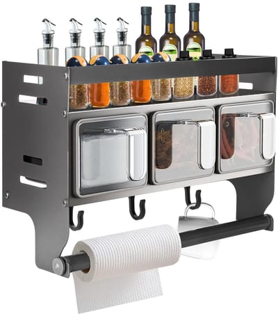 Unyqoos® Metalen hangend kruidenrek met keukenrolhouder en drie kruidenboxen