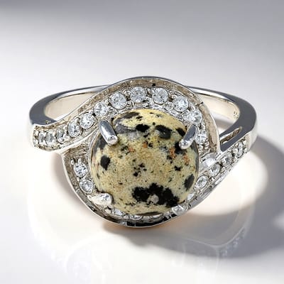 Cavill - Zilveren Ring 925 Sterling Zilver - 3,84 ct Dalmatiër Jaspis Cabochon - 0,575 ct Cambodjaanse Zirkonen - Elegante Damesring