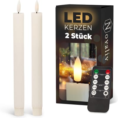 LED-kaarsen met timer, wit, 2-pack voor binnen met 6-uurs timer - ECHTE WAS geribbeld, hoogte 23 cm voor kaarsen, diameter 2,2 cm, 2 AAA-batterijen vereist. LED-kaarsen met flikkerende vlam, bewegende vlam.