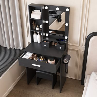 OKWISH Kaptafelset - Spiegel Met Dimbare Ledverlichting En Stopcontact - Met Kruk En Lades - Zwart MDF - 60 x 38 x 131,5 cm