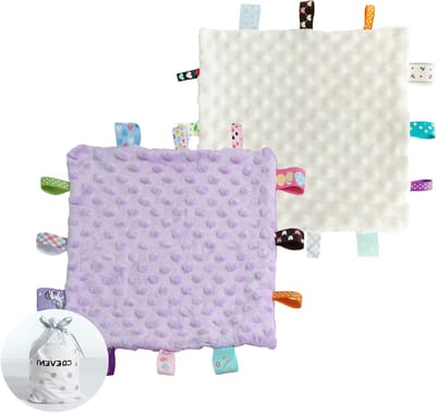 Zachte Sensory Babydeken voor Meisjes, Veiligheidsovertrekje, Perfecte Cadeaus voor Babyshowers en Verjaardagen - 25x25cm (Ivory + Paars)