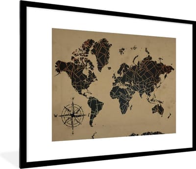 Poster in lijst - Fotolijst 80x60 cm - Posters - Wereldkaart - Abstract - Bruin - Posterlijst zwart - Decoratie - Wanddecoratie woonkamer - Muurdecoratie slaapkamer