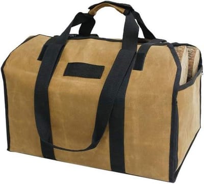 Stevige Houten Draagtas - Brandhout Draagtas met Handgrepen en Beveiligingsriem voor Camping - Houten Logs Tote Houder - Berkenhout Stand - Bruin Gewaxt Canvas Log Carrier