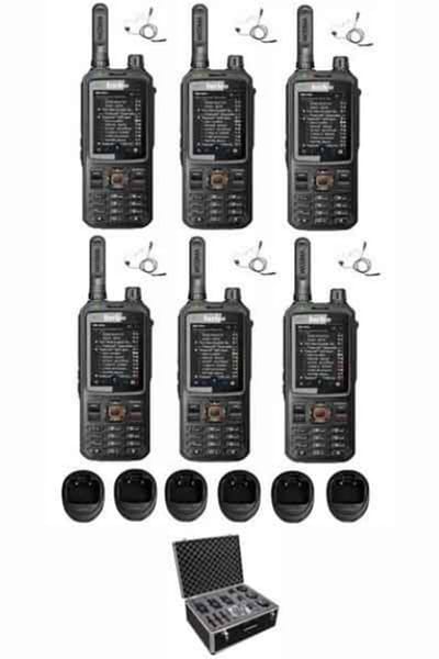 Set van 6 Inrico T320 V2 4G LTE Zello Portofoon, GPS, Wifi met tafellader beveiliging oortje en koffer