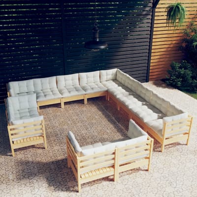 vidaXL - 13-delige - Loungeset - met - crèmekleurige - kussens - grenenhout